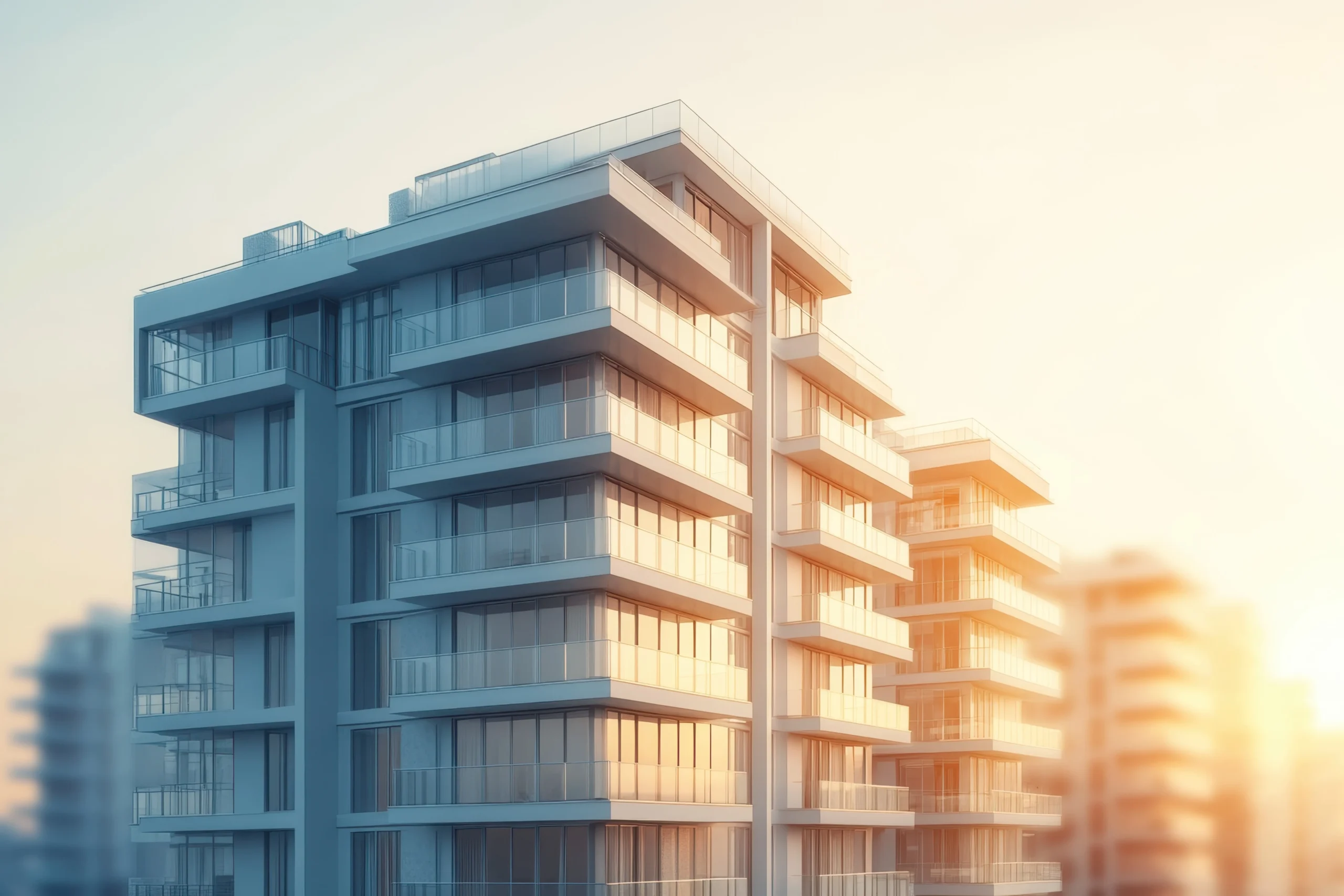 Stylish apartment structures featuring large windows and balconies bathed in warm sunset light.